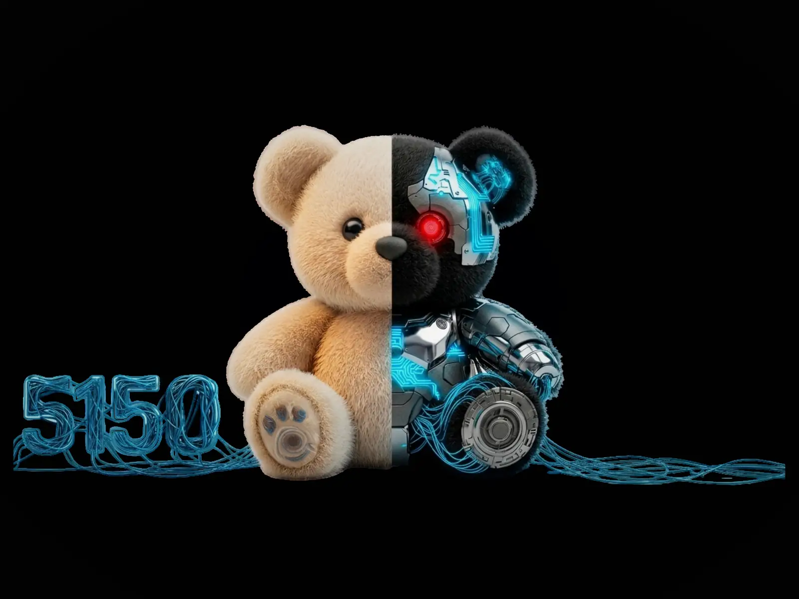 5150 のテディベア。半分がぬいぐるみ、半分がサイボーグ